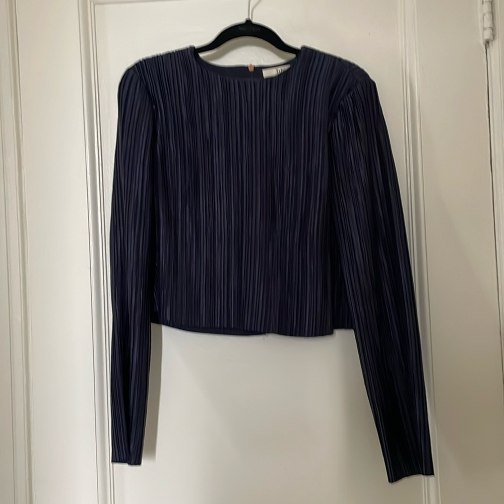 Tibi long sleeve plisse pleated top in navy, size Medium